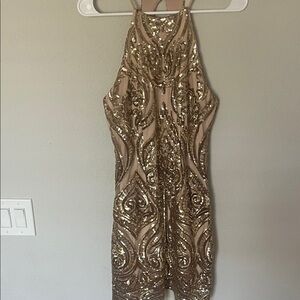 Gold Sequin Halter Dress